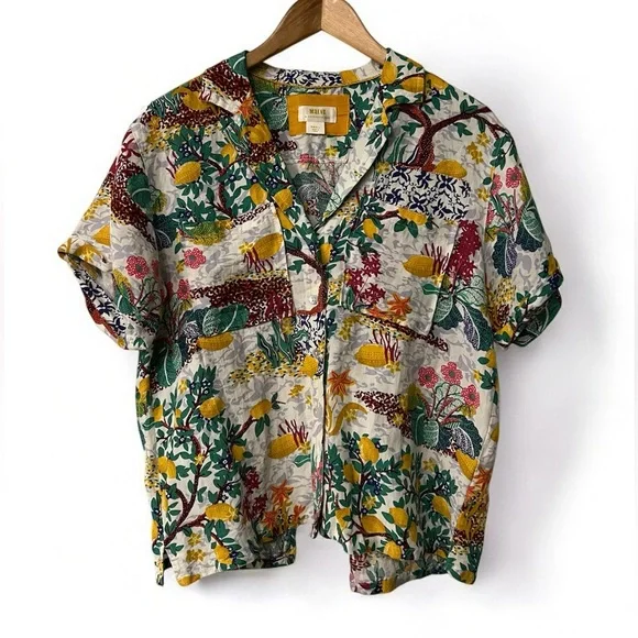 Anthropologie Linen Viscose Blend Classic Surf Shirt Top Novelty Lemon Small - Picture 3 of 8